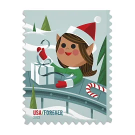 buy discount Holiday Elves Santa Stamps 2022 USPS Forever postage stamp on sale cheap in bulk for 2023 Xmas