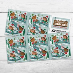 buy discount Holiday Elves Stamps 2022 USPS Forever postage stamp on sale cheap in bulk for 2023 Xmas