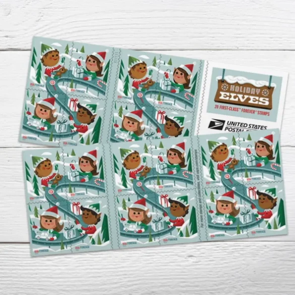 Holiday-Elves-Stamps-2022-USPS-Forever-postage-stamp-on-sale-cheap-in-bulk-2