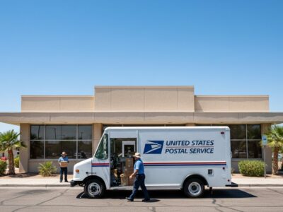 Blue USPS Mailbox Receiving Cheap Flag Stamped Mail